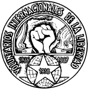 Emblem der Internationalen Brigaden mit dem Text: "Voluntarios Internacionales de la Libertad" („Internationale Freiheitsfreiwillige“)