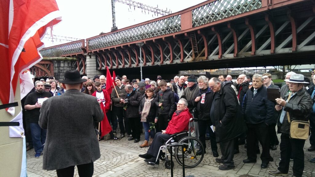 Sculptor Frank Casey giving a speech – part of a photo reportage of the unveiling of the monument 'Blockade-Runners to Spain' in Glasgow, 2. March 2019