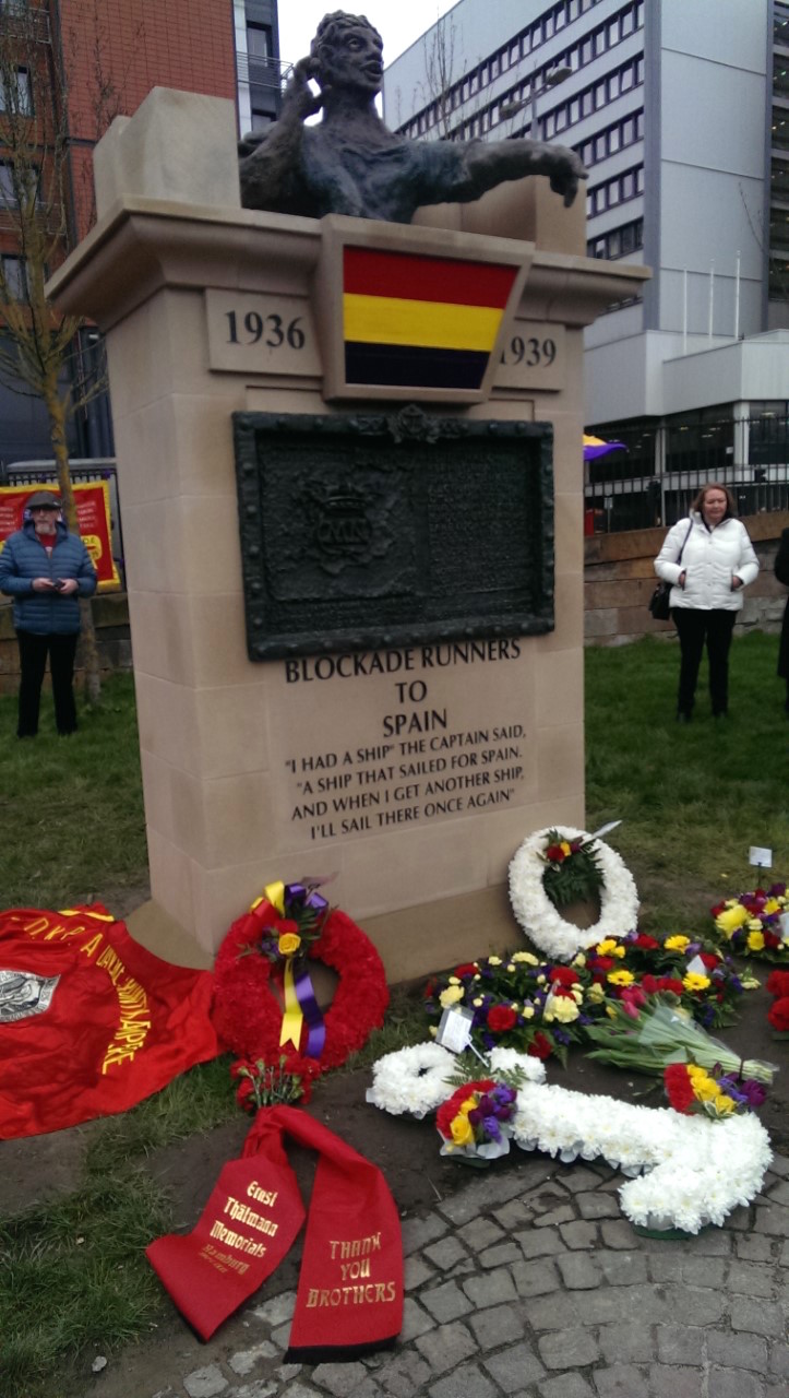 The monument 'Blockade-Runners to Spain' with flowers – part of a photo reportage of the unveiling of the monument 'Blockade-Runners to Spain' in Glasgow, 2. March 2019