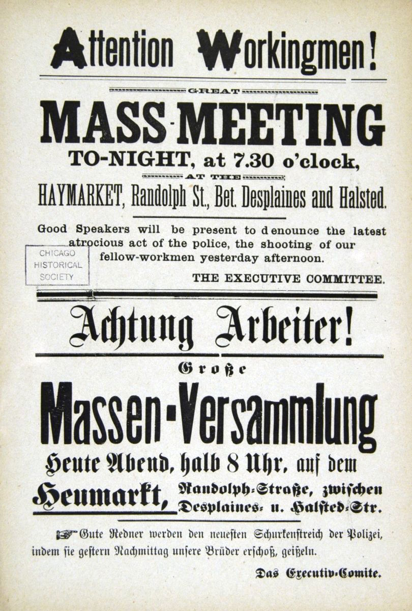 Løbeseddel der annoncerer mødet på Haymarket den 4. maj 1886