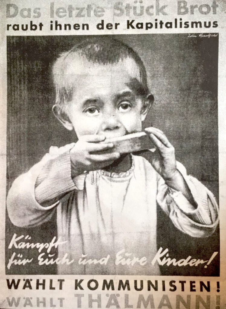 Fotomontage af John Heartfield: "Kapitalen stjæler det sidste stykke brød fra ham". Valgplakat, Tysklands Kommunistiske Parti (KPD) fra 1932