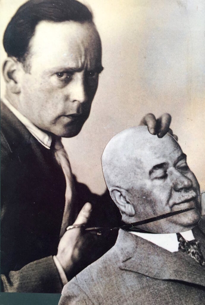 Photomontage by John Heartfield: the artist himself with a pair of scissors and paper 