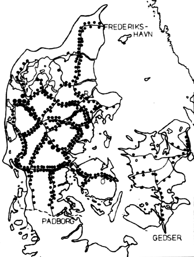 Besættelsen og befrielsen: 10. Jernbanesabotagen: Kort over geografisk fordeling af jernbanesabotager