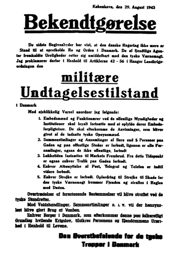 Besættelsen og befrielsen: 8. Bekendtgørelse om militær undtagelsestilstand 29. august 1943