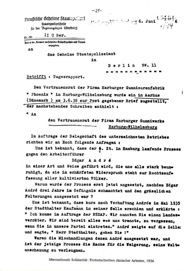 Letter of protest from Danish workers and comrades, 1936 (page 1). Photo editor enhanced